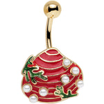 White Orb Gold PVD Red and Green Seashell Belly Ring