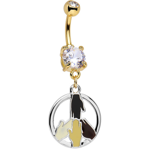 Clear Gem Gold PVD All Hands in For Peace Sign Dangle Belly Ring