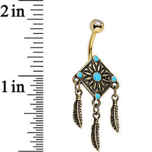 Faux Turquoise Gold Anodized Aztec Feather Dangle Belly Ring