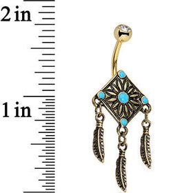 Faux Turquoise Gold Anodized Aztec Feather Dangle Belly Ring