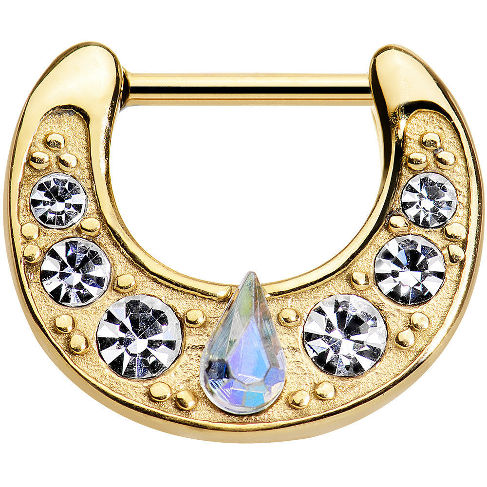 16G 5/16 Gold Plated Aurora Teardrop Clear Gem Septum Clicker