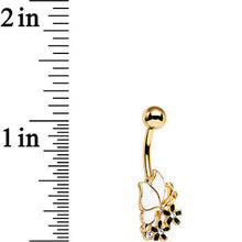 Gold Anodized Black and White Butterfly and Flower Belly Ring