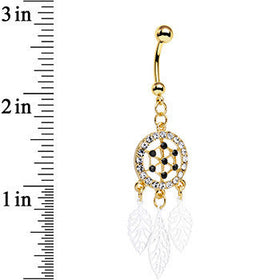 Clear Gem Gold Anodized Steel Dream Leaf Dangle Belly Ring
