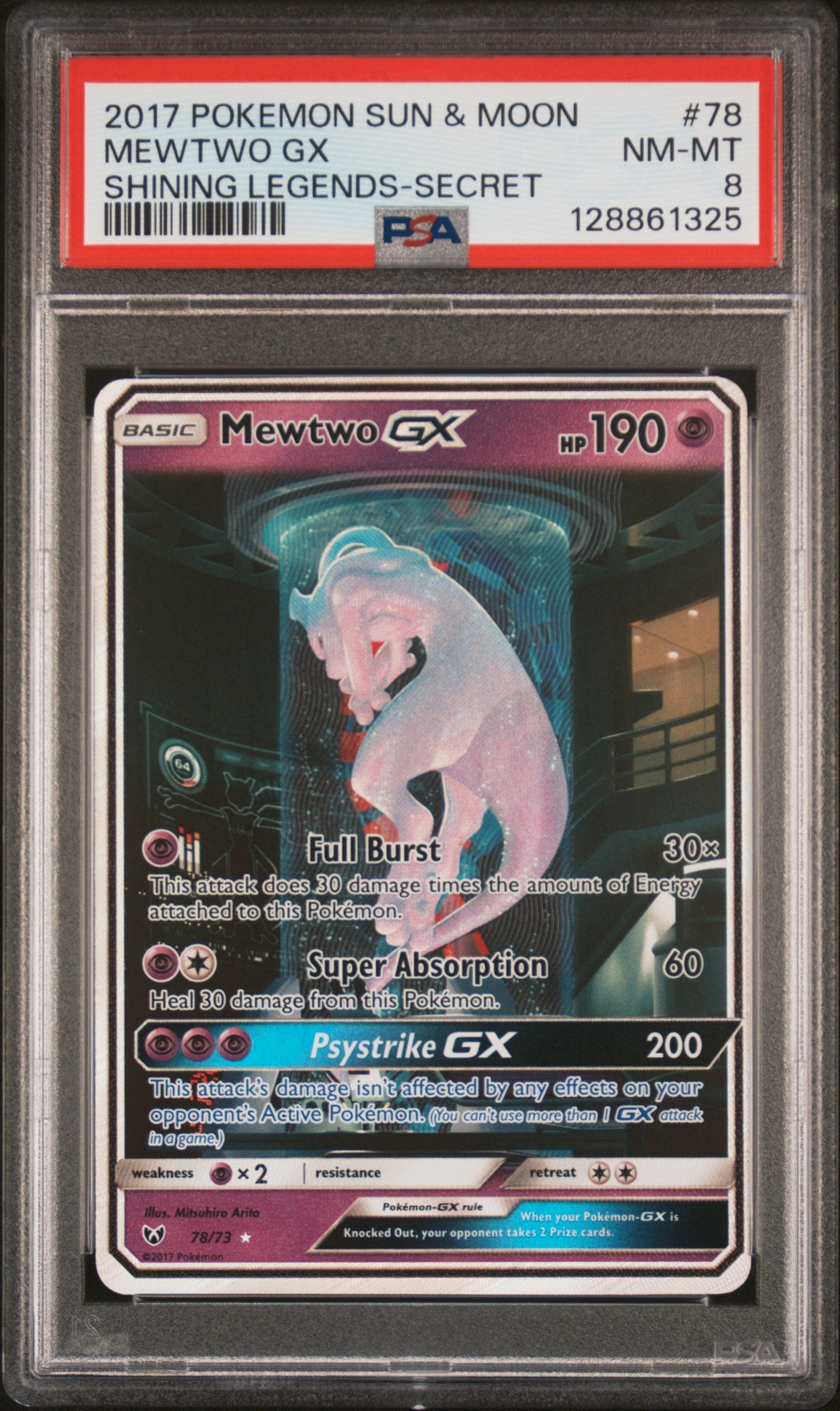2017 Pokemon Sun & Moon Shining Legends-Secret Mewtwo Gx 8 PSA #78