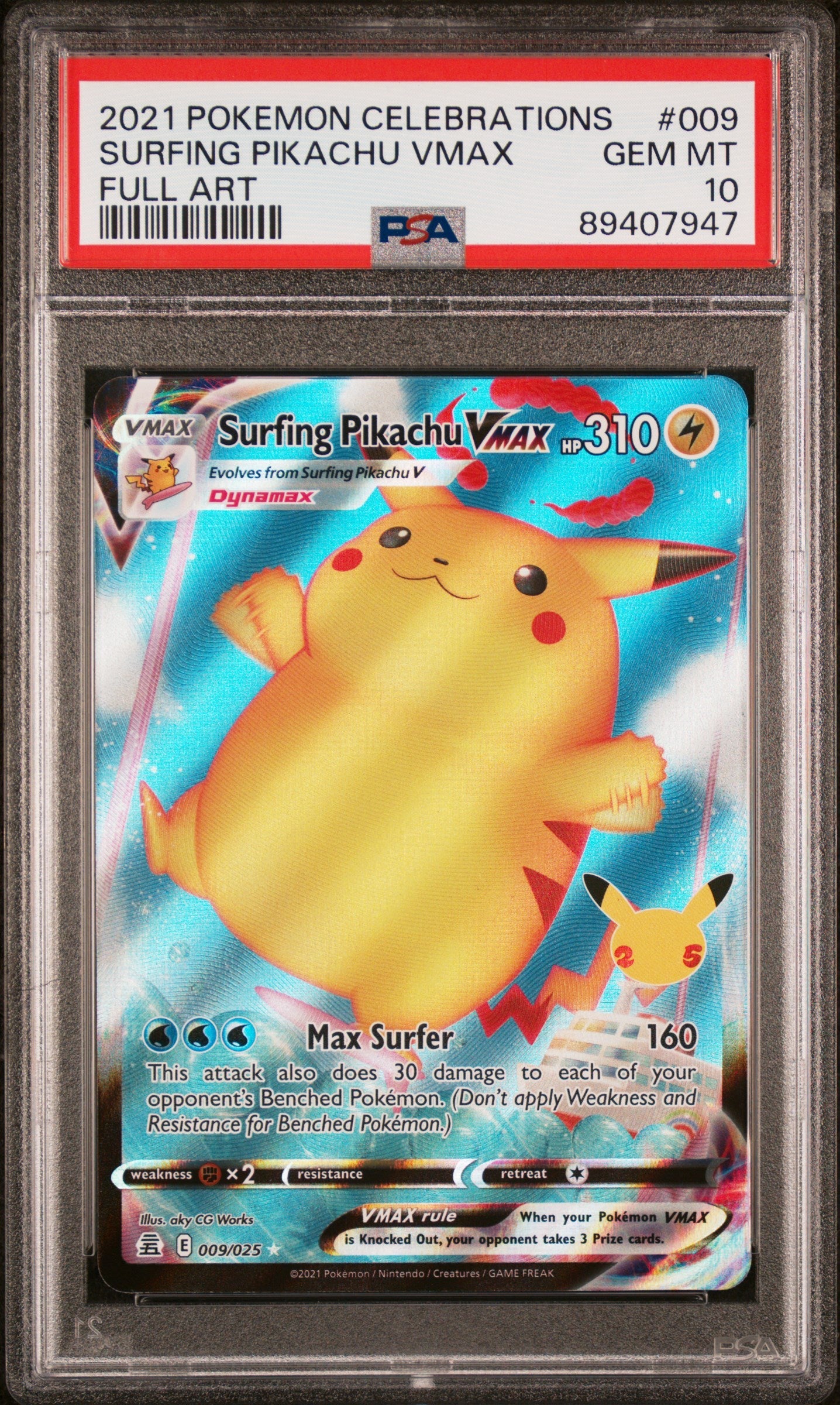 2021 Pokemon Celebrations Full Art Surfing Pikachu Vmax 10 PSA #009