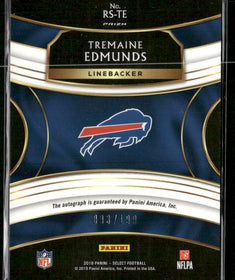 2018 Panini Select Rookie Signatures Prizm Tremaine Edmunds #/199 Auto #RS-TE