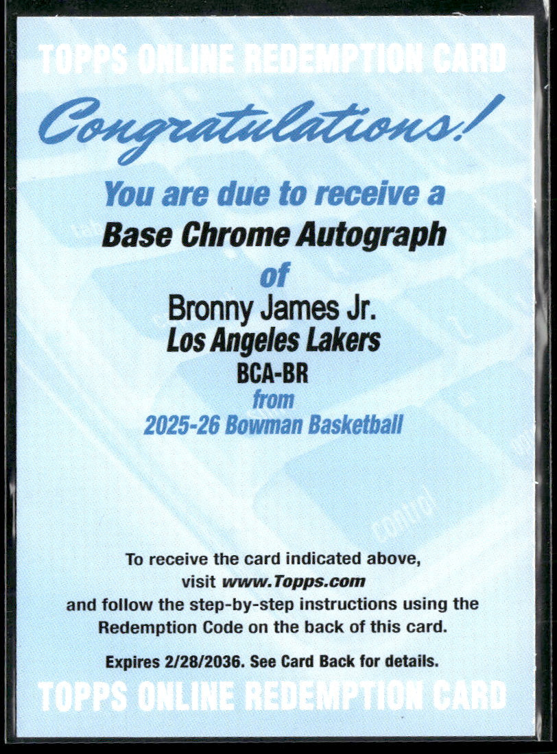 2025-26 Bowman Basketball Topps Online Redemption Card Bronny James Jr. #