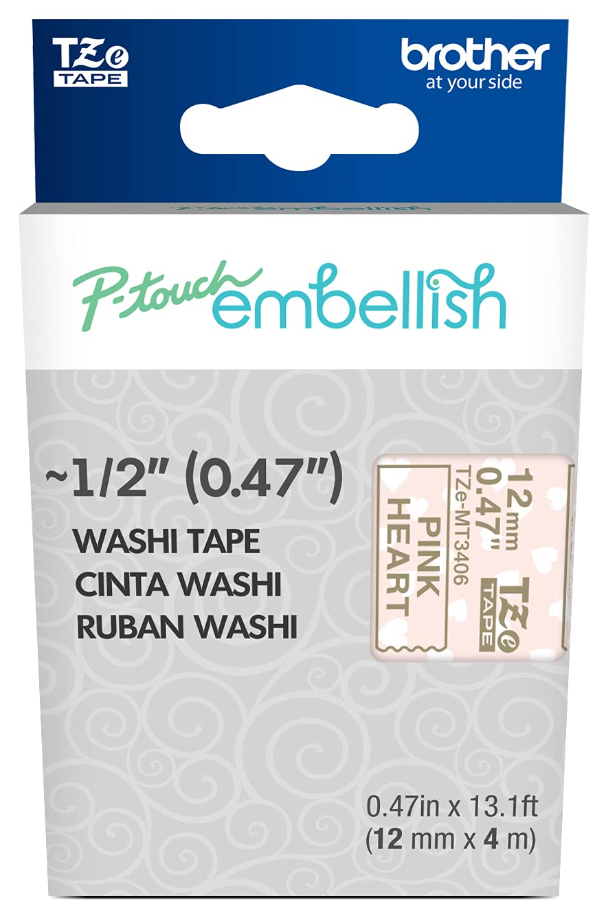 New, Pre-owned, Original Brother P-Touch Embellish Gold Print on Pink Hearts Washi Tape TZeMT3406  ~½” Wide x 13.1’ Long for Use With P-Touch Embellish Ribbon & Tape Printer