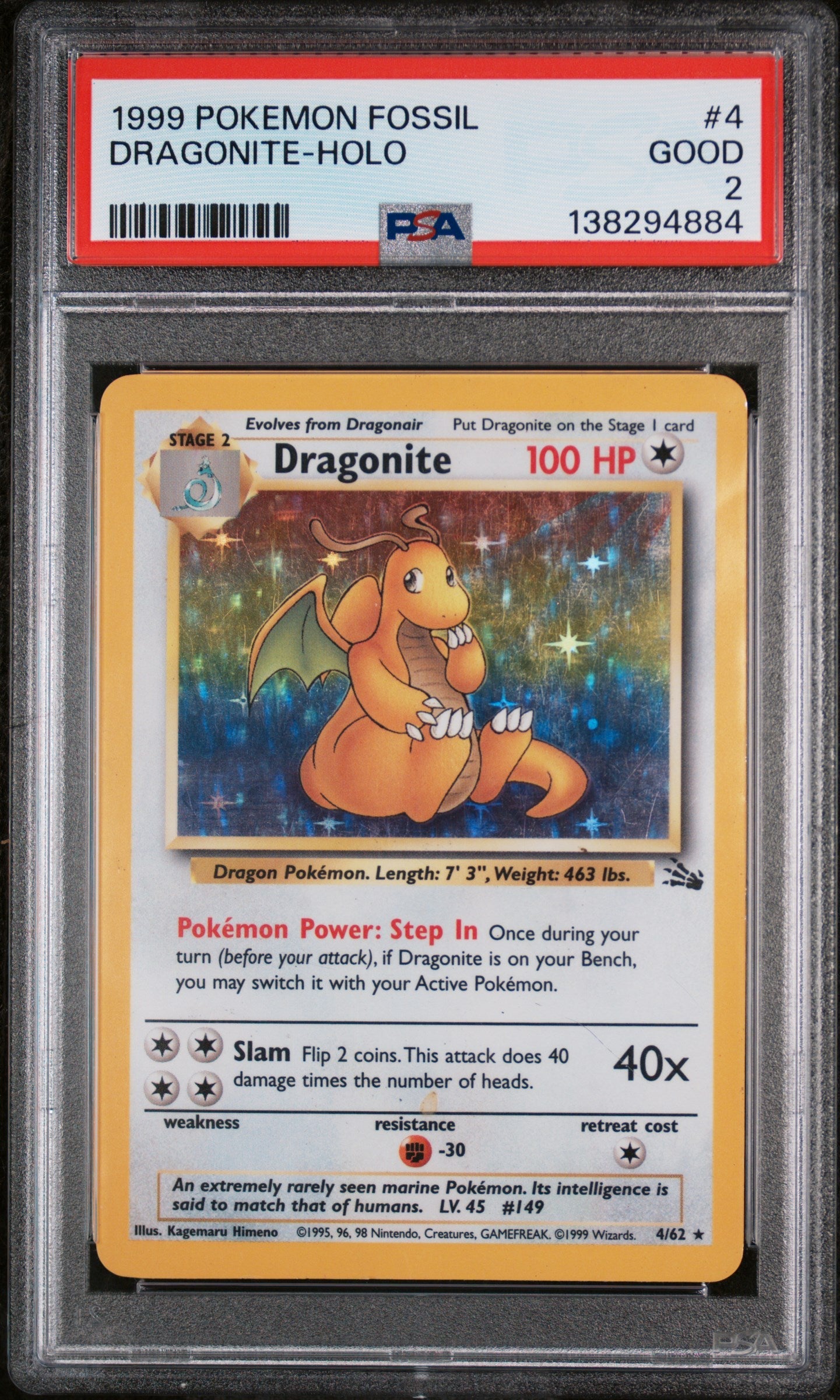 1999 Pokemon Fossil Dragonite-Holo 2 PSA #4