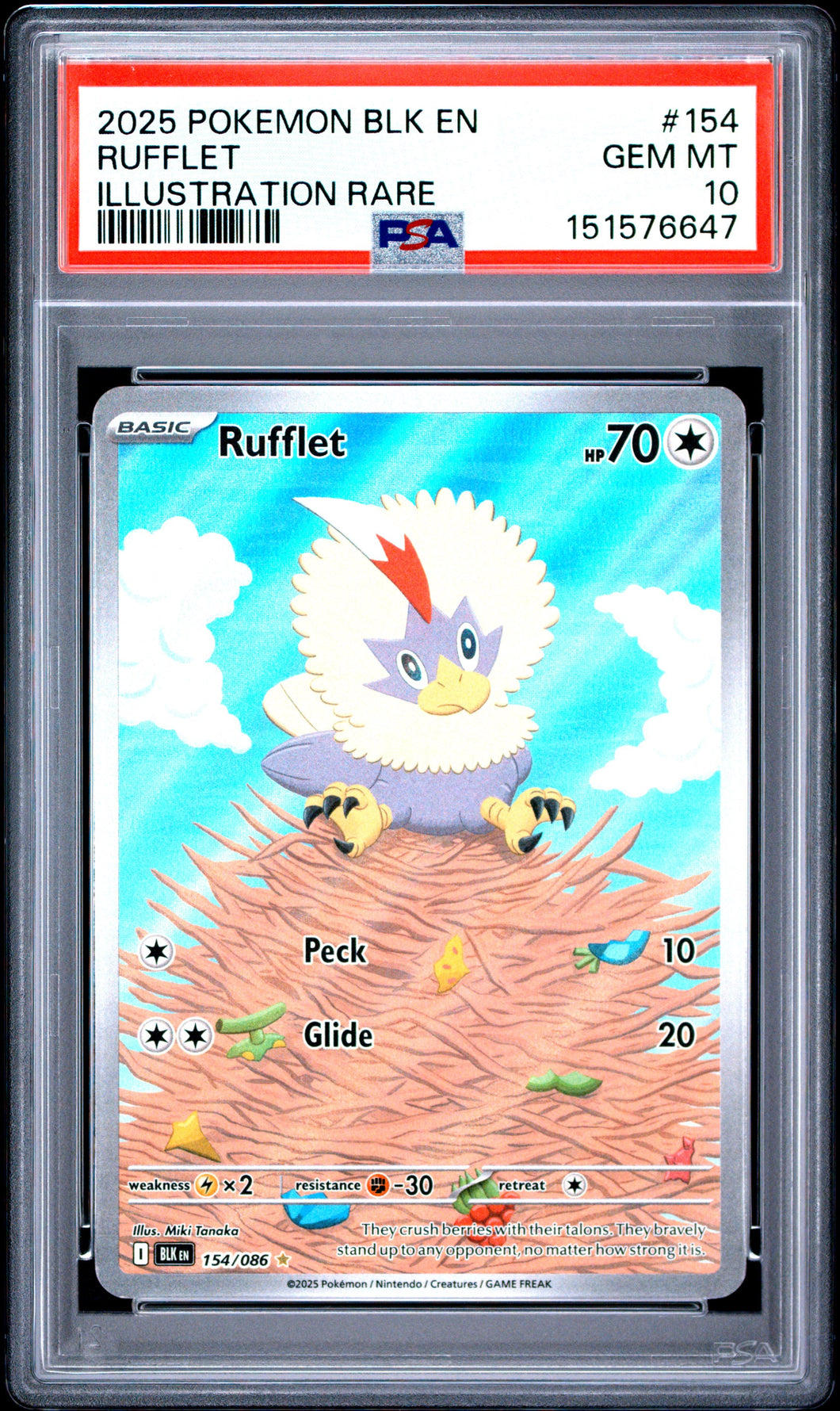 2025 Pokemon Blk En-Black Bolt Illustration Rare Rufflet 10 PSA #154