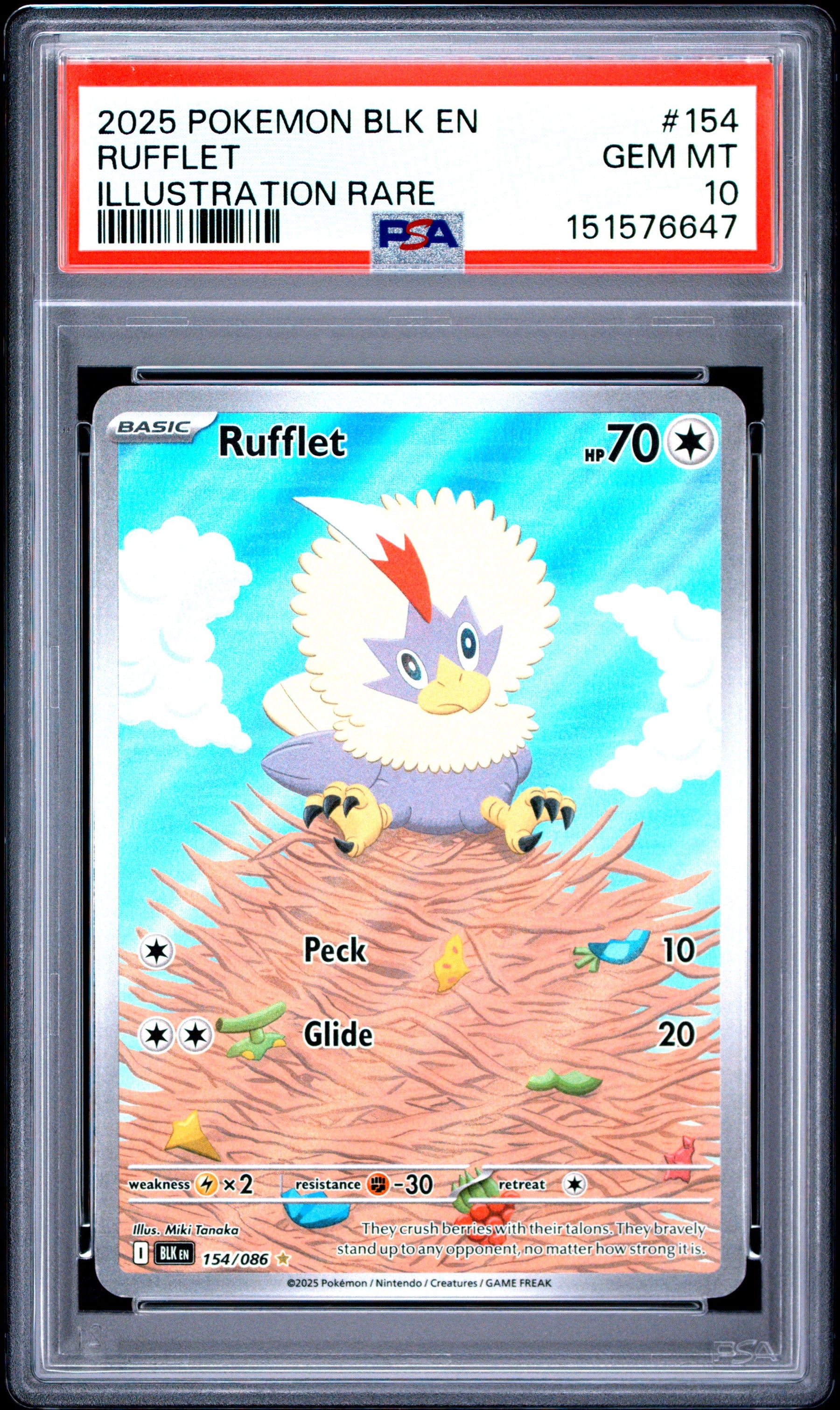 2025 Pokemon Blk En-Black Bolt Illustration Rare Rufflet 10 PSA #154