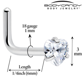 18G 1/4 Clear Heart 3mm CZ Gem Steel L-Shape Nose Ring
