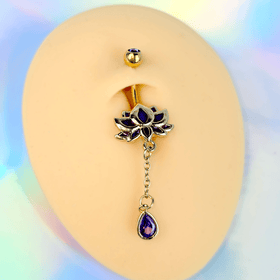 Purple Gem Gold Tone Anodized Blooming Lotus Flower Dangle Belly Ring