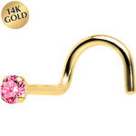 Solid 14K Yellow Gold 2mm Pink Cubic Zirconia Solitiare Nose Ring