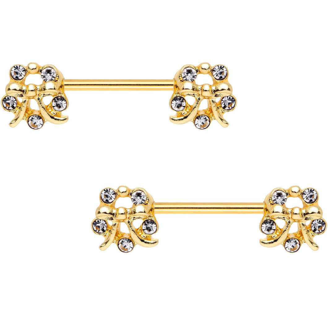 9/16 Clear Gem Gold PVD Halo Pretty Bow Barbell Nipple Ring Set