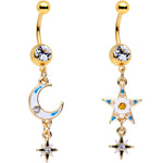 Clear Gem Gold PVD White Moon Star Dangle Belly Ring Set of 2