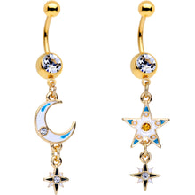 Clear Gem Gold PVD White Moon Star Dangle Belly Ring Set of 2