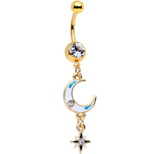 Clear Gem Gold PVD White Moon Star Dangle Belly Ring Set of 2