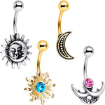 Blue Pink Gem Sun and Moon Goddess Belly Ring Set of 4