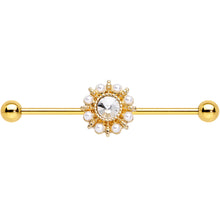 Clear Gem White Orb Gold PVD Sun Wheel Industrial Barbell 38mm