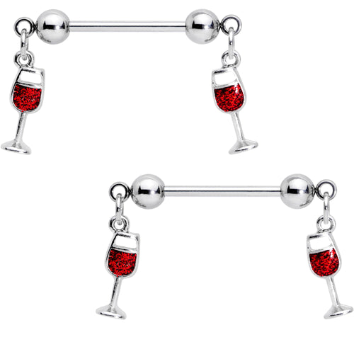 14G 5/8 Red Wine Glass Dangle Barbell Nipple Ring Set