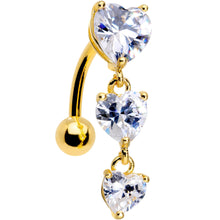 Clear CZ Gem Gold Plated Tri Heart Top Mount Dangle Belly Ring