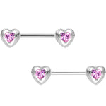 9/16 Pink CZ Gem Hugged Heart Barbell Nipple Ring Set