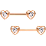 Clear CZ Rose Gold Tone Anodized Hugged Heart Barbell Nipple Ring Set