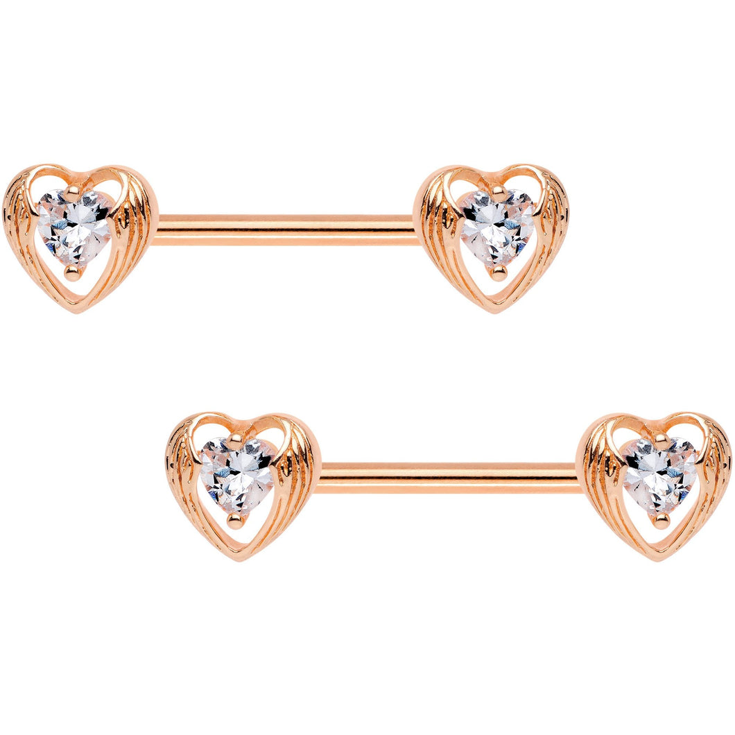 Clear CZ Rose Gold Tone Anodized Hugged Heart Barbell Nipple Ring Set