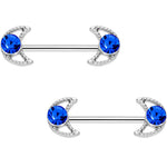 9/16 Blue Gem Hollow Moon Barbell Nipple Ring Set