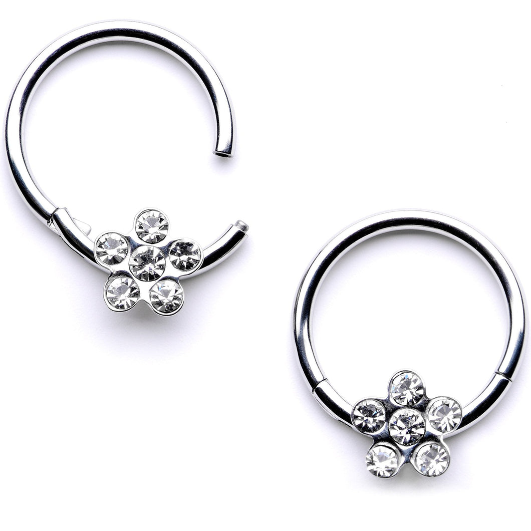 16G 3/8 Clear Gem Petal Flower Hinged Segment Ring Set
