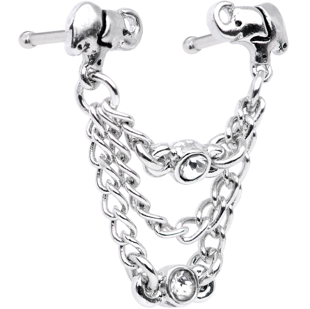 20G 1/4 Clear Gem Elephant Chain Dangle Double Nose Bone