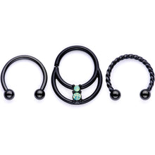 16G 3/8 Teal Faux Opal Black Anodized Horseshoe Closure Ring Set