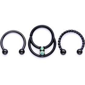 16G 3/8 Teal Faux Opal Black Anodized Horseshoe Closure Ring Set