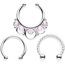 16G Pink Faux Opal Twisted Horseshoe Clip On Fake Septum Ring Set
