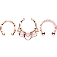 16G Pink Faux Opal Rose Gold Tone Twisted Horseshoe Clip On Fake Septum Ring Set