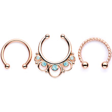 16G Teal Faux Opal Rose Gold Tone Twisted Horseshoe Clip On Fake Septum Ring Set