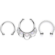 16G White Faux Opal Twisted Horseshoe Clip On Fake Septum Ring Set