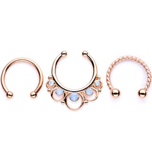 16G Blue Faux Opal Rose Gold Tone Twisted Horseshoe Clip On Fake Septum Ring Set