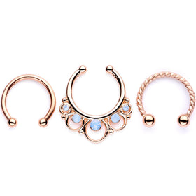 16G Blue Faux Opal Rose Gold Tone Twisted Horseshoe Clip On Fake Septum Ring Set