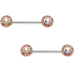14G Aurora Gem Rose Gold Tone Cluster Barbell Nipple Ring Set