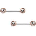 Clear Gem Rose Gold Tone Circular Cluster Barbell Nipple Ring Set