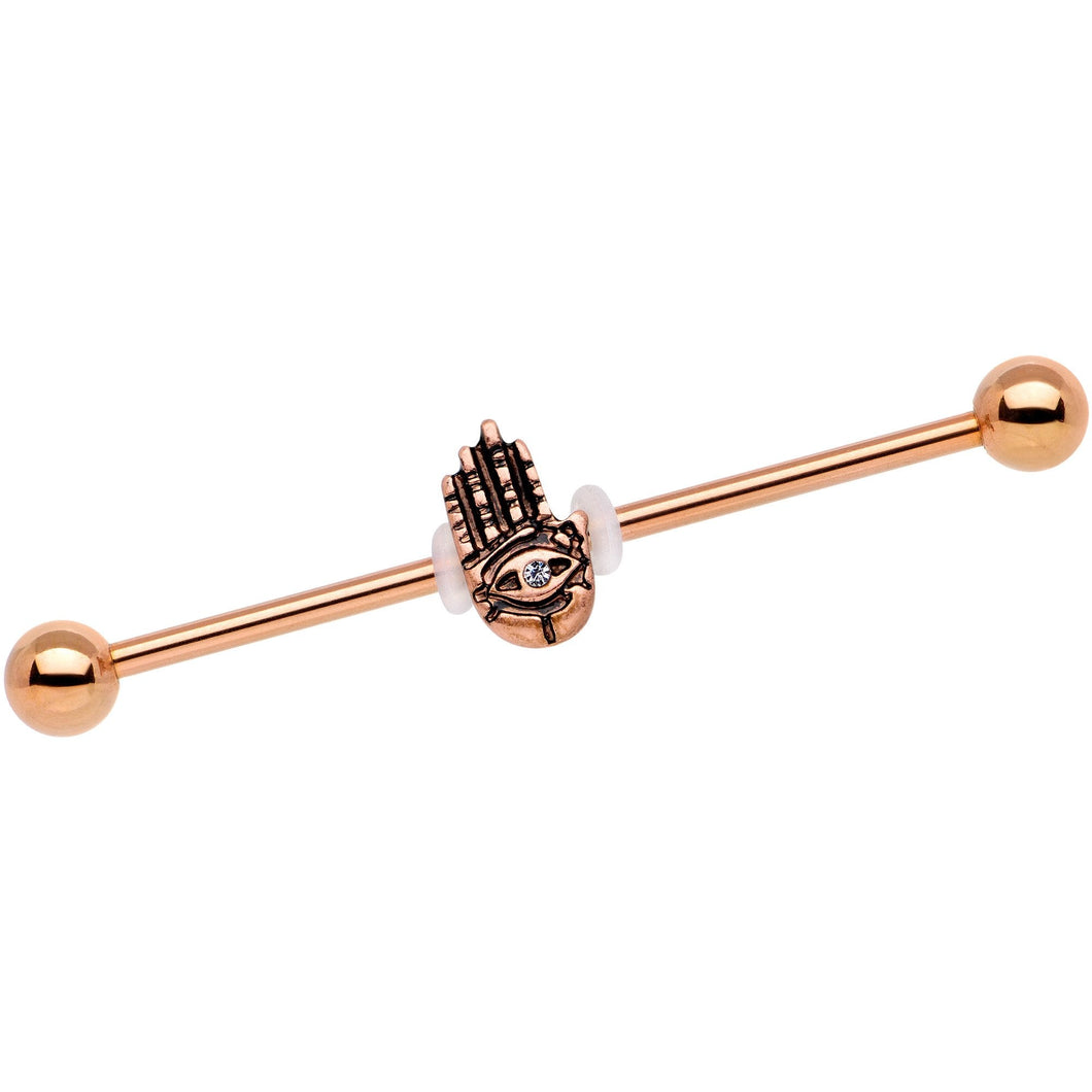 Clear Gem Rose Gold Tone Hamsa Eye Industrial Barbell 38mm