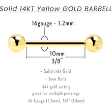 Solid 14k Yellow Gold Barbell Straight Barbell Ring 16G 3/8 3mm