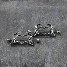 1 1/2 Skeleton Hand Heart Nipple Barbell Shield Set