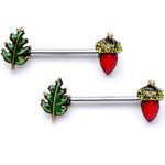 9/16 Red Yellow Gem Acorn Leaf Barbell Nipple Ring Set