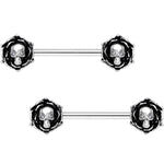 14G 9/16 Clear Gem Skull Rose Flower Barbell Nipple Ring Set