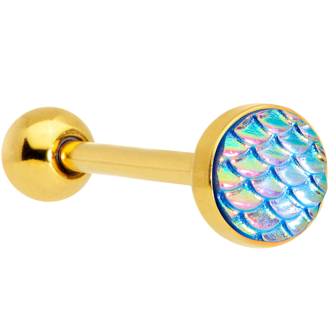 Gold PVD Aqua Mermaid Scale Barbell Tongue Ring