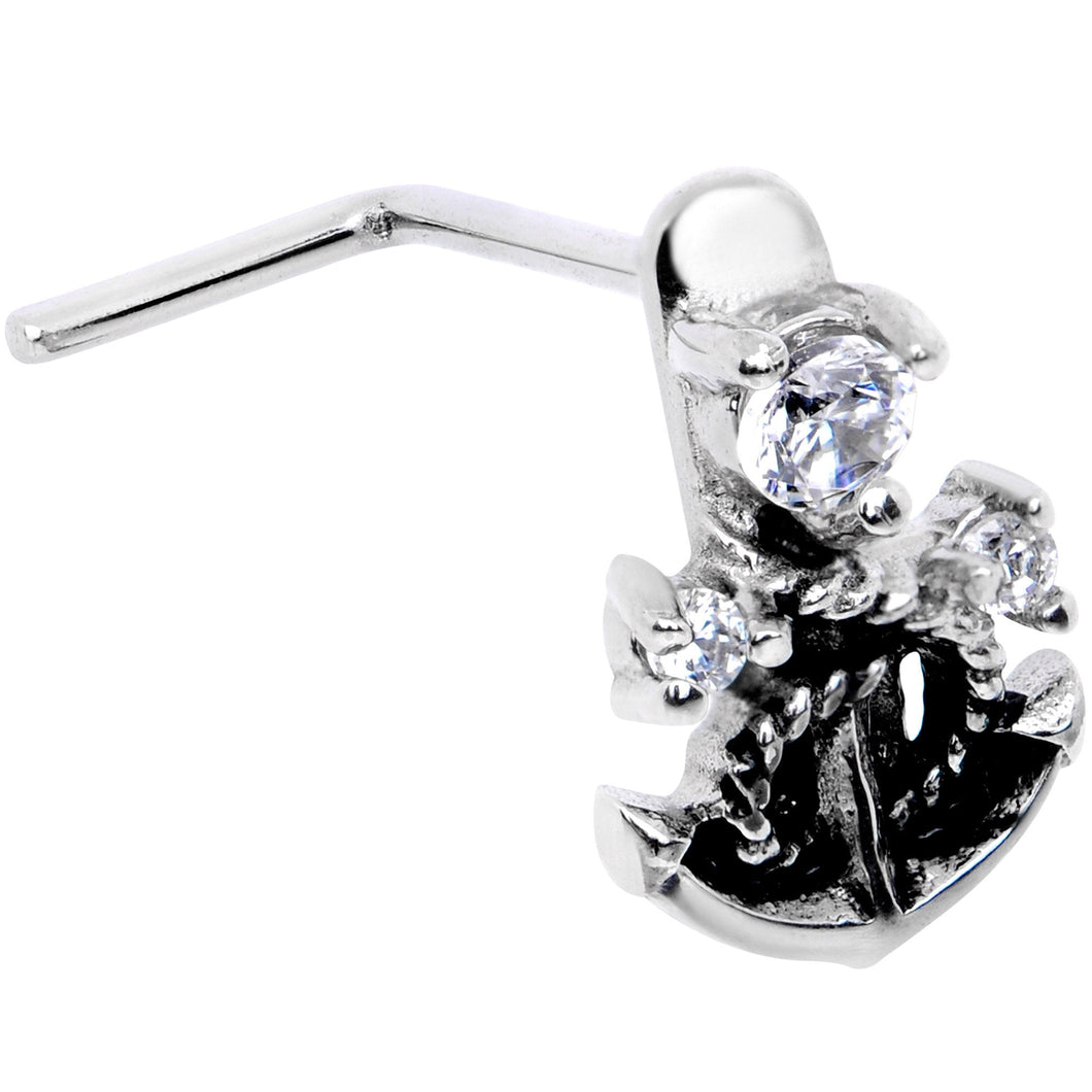 20G 1/4 Clear CZ Gem Nautical Anchor Faux Hoop L Shape Nose Ring