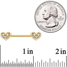 9/16 Clear Gem Gold Tone Plated Heart Barbell Nipple Ring Set